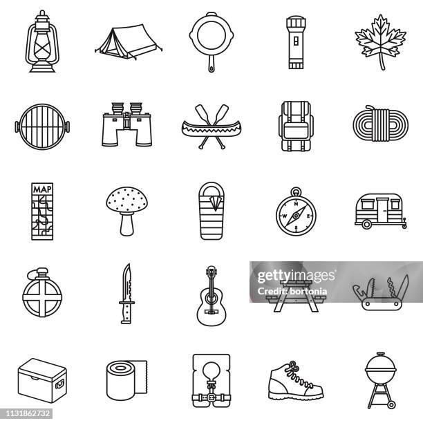 ilustraciones, imágenes clip art, dibujos animados e iconos de stock de juego de iconos de línea delgada de camping - nevera de playa