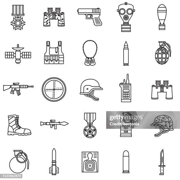 bildbanksillustrationer, clip art samt tecknat material och ikoner med militär tunn linje ikon uppsättning - ammunition