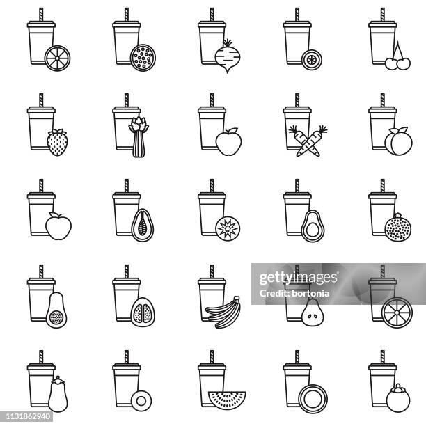 ilustraciones, imágenes clip art, dibujos animados e iconos de stock de set de iconos de línea delgada smoothie - fruit juice smoothie