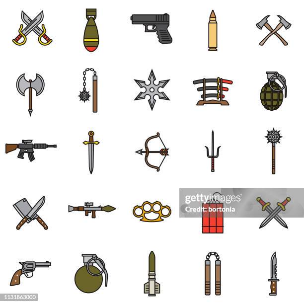 weapons thin line icon set - nunchucks stock illustrations