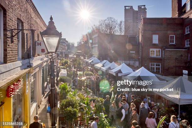 a high angle view of columbia road flower market in east london. - columbia road stock pictures, royalty-free photos & images