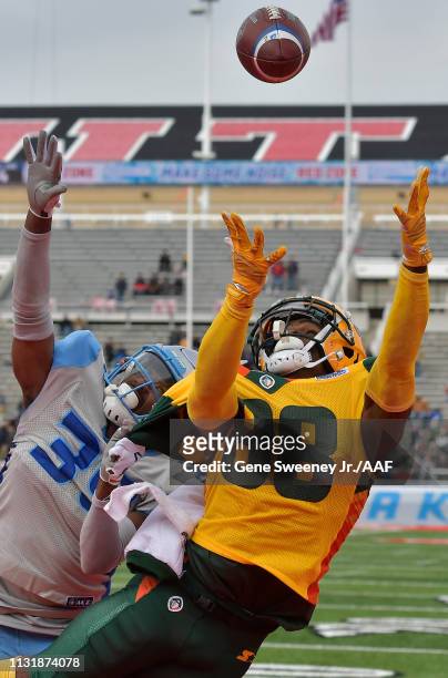 Josh Huff of the Arizona Hotshots cannot make the catch while being defended by C.J. Smith of the Salt Lake Stallions during an Alliance of American...