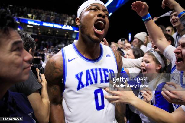Tyrique Jones of the Xavier Musketeers celebrates after the 66-54 win over the Villanova Wildcats at Cintas Center on February 24, 2019 in...