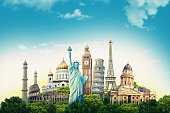 Travel illustration world's famous landmarks and tourist destinations elements in colorful background. 3d illustration.