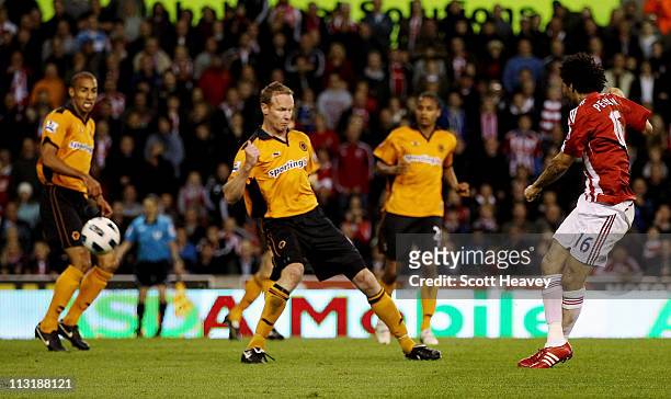 Jermaine Pennant of Stoke City scores his team's third goal during the Barclays Premier League match between Stoke City and Wolverhampton Wanderers...