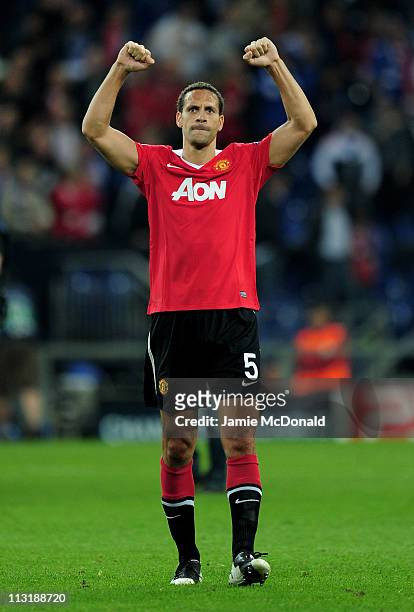 Rio Ferdinand of Manchester United celebrates at the end of the UEFA Champions League Semi Final first leg match between FC Schalke 04 and Manchester...