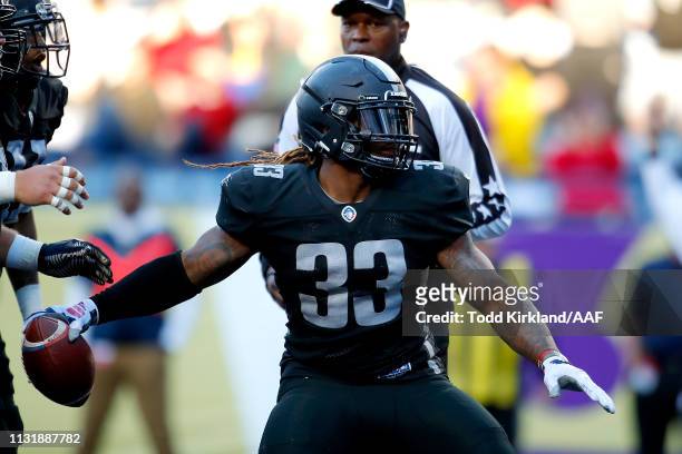 Trent Richardson of Birmingham Iron celebrates his touchdown run against the Atlanta Legends during the first quarter of the Alliance of American...