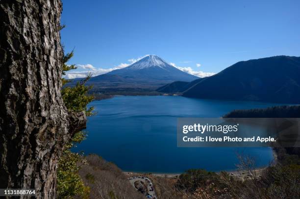 fuji and lake motosu - 里山 stock pictures, royalty-free photos & images