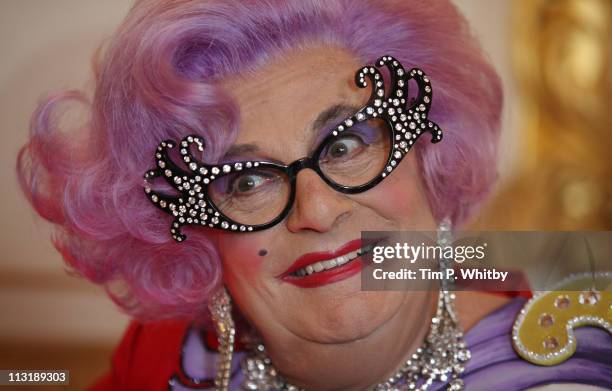 Dame Edna Everage, aka Barry Humphries attends a Royal Wedding International Media Event in London West End at Lancaster House on April 26, 2011 in...