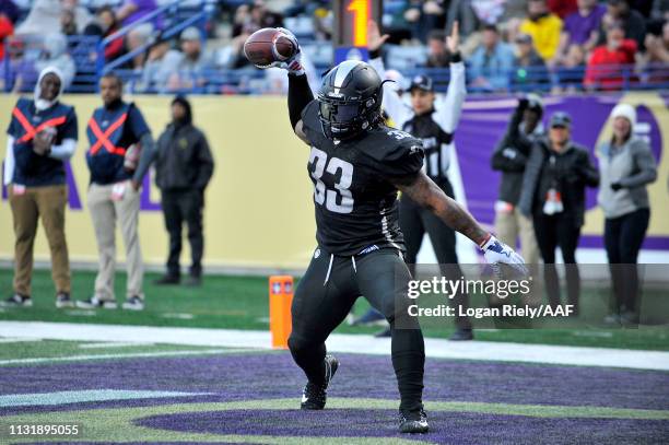 Trent Richardson of Birmingham Iron celebrates his touchdown against the Atlanta Legends during the third quarter of the Alliance of American...