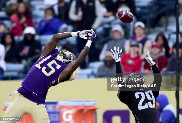 Seantavius Jones of Atlanta Legends attempts to make a catch with Bradley Sylve of Birmingham Iron on defense during the third quarter of the...