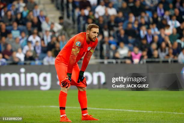 Slovenia's goalkeeper Jan Oblak looks on during the Euro 2020 Group G football qualification match between Israel and Slovenia in at the Sammy Ofer...