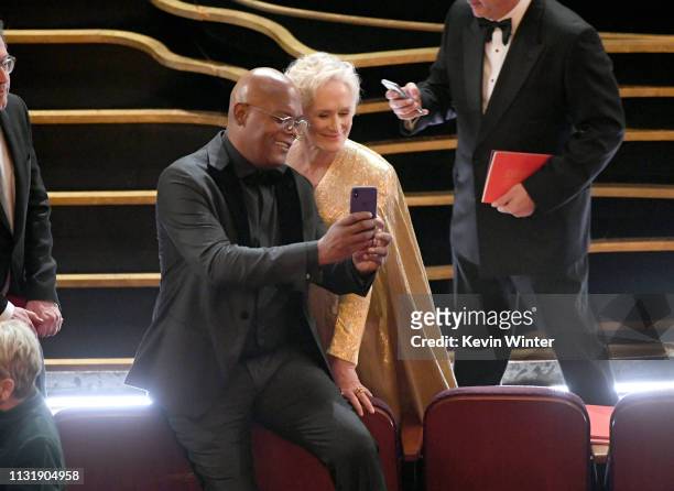 Samuel L. Jackson and Glenn Close pose for a selfie photo during the 91st Annual Academy Awards at Dolby Theatre on February 24, 2019 in Hollywood,...