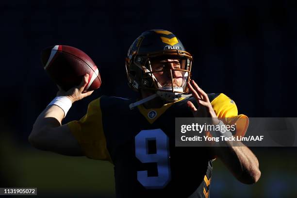 Philip Nelson of the San Diego Fleet warms up prior to an Alliance of American Football game against the San Antonio Commanders at SDCCU Stadium on...