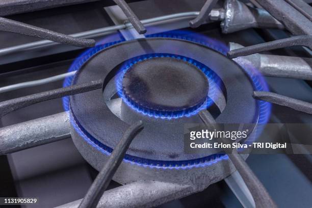 close-up on professional stove burner lit with natural blue flame gas. - equipamento stock-fotos und bilder
