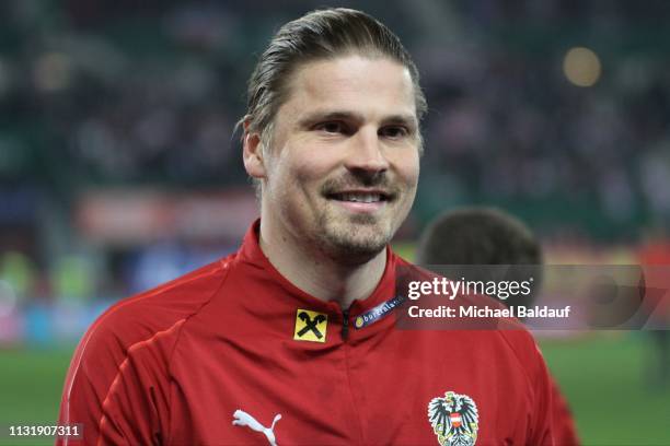 Sebastian Proedl of Austria smiles during the UEFA EURO 2020 Qualifier match between Austria and Poland at Ernst Happel Stadion on March 21, 2019 in...