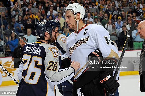 Steve Sullivan of the Nashville Predators shakes hands with Ryan Getzlaf of the Anaheim Ducks after Game Six of the Western Conference Quarterfinals...
