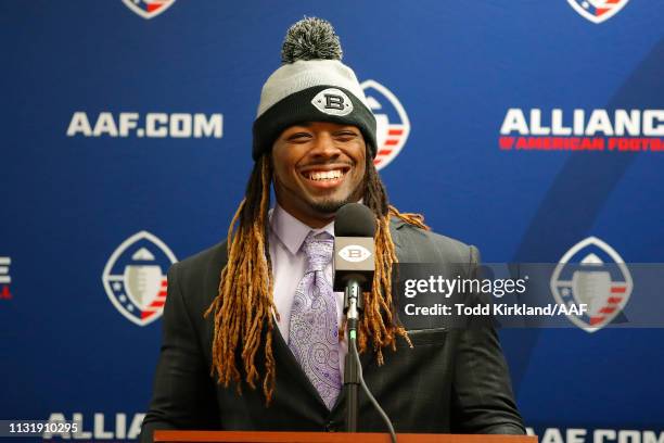 Trent Richardson of Birmingham Iron speaks with the press after the Alliance of American Football game against the Atlanta Legends at Georgia State...