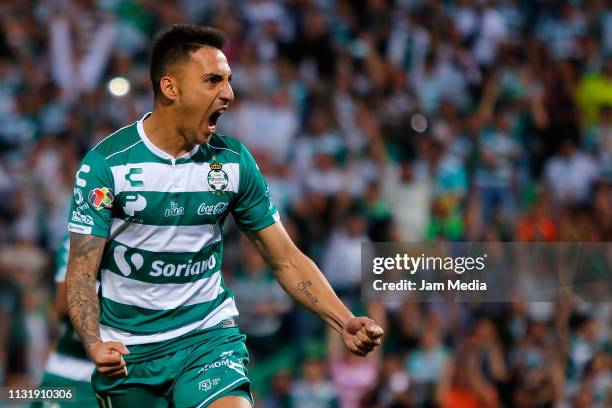 Javier Correa of Santos celebrates after scoring the third goal of his team during the 8th round match between Santos Laguna and Toluca as part of...