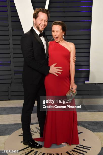 Derek Blasberg and Anne Wojcicki attend the 2019 Vanity Fair Oscar Party hosted by Radhika Jones at Wallis Annenberg Center for the Performing Arts...
