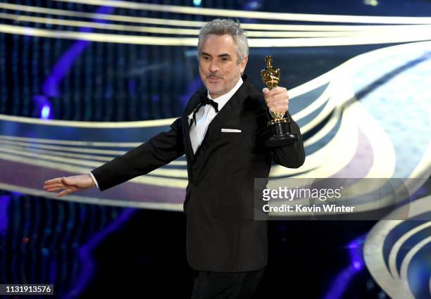 Alfonso Cuaron accepts the Cinematography award for 'Roma' onstage during the 91st Annual Academy Awards at Dolby Theatre on February 24, 2019 in...
