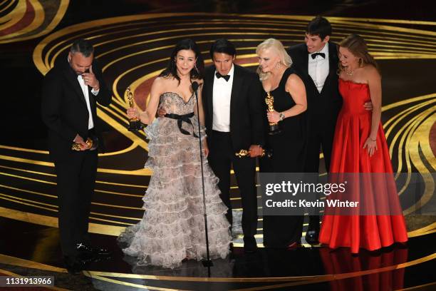 Evan Hayes, Elizabeth Chai Vasarhelyi, Jimmy Chin, Shannon Dill, Alex Honnold and Sanni McCandless accept the Documentary award for 'Free Solo'...