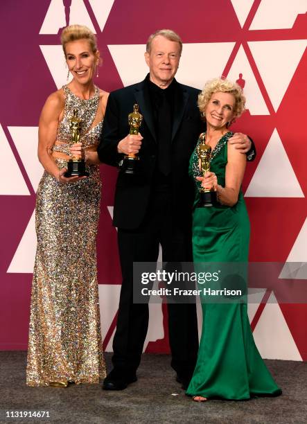 Kate Biscoe, Greg Cannom, and Patricia Dehaney, winners of Best Makeup and Hairstyling for "Vice," pose in the press room during the 91st Annual...