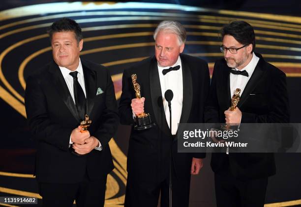 Tim Cavagin, Paul Massey, and John Casali accept the Sound Mixing award for 'Bohemian Rhapsody' onstage during the 91st Annual Academy Awards at...