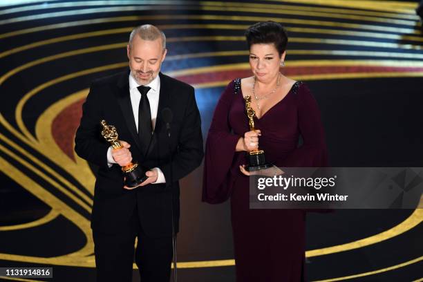 John Warhurst and Nina Hartstone accept the Sound Editing award for 'Bohemian Rhapsody' onstage during the 91st Annual Academy Awards at Dolby...