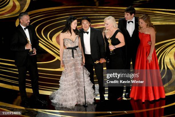 Evan Hayes, Elizabeth Chai Vasarhelyi, Jimmy Chin, Shannon Dill, Alex Honnold and Sanni McCandless accept the Documentary award for 'Free Solo' on...