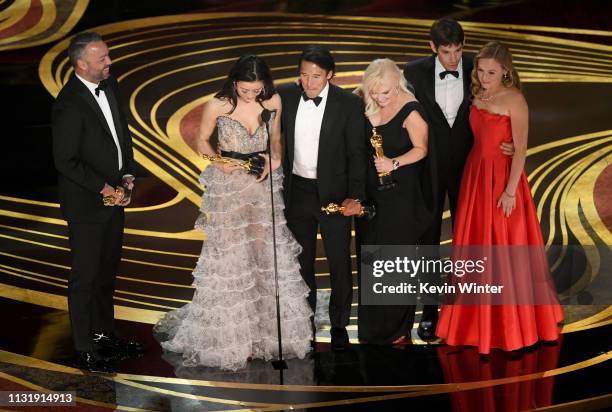 Evan Hayes, Elizabeth Chai Vasarhelyi, Jimmy Chin, Shannon Dill, Alex Honnold and Sanni McCandless accept the Documentary award for 'Free Solo'...