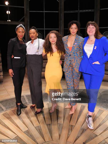 Nicole Charles, Clare Perkins, Saffron Coomber, Adelle Leonce and Morgan Lloyd Malcolm attend the press night after party for "Emilia" at The...
