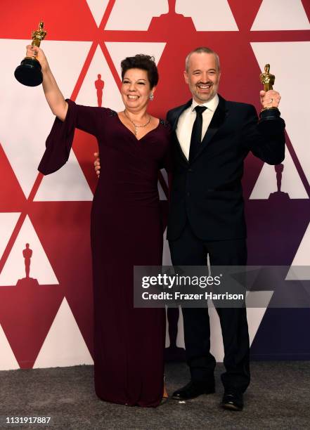 Nina Hartstone and John Warhurst, winners of Best Sound Editing for "Bohemian Rhapsody," pose in the press room during the 91st Annual Academy Awards...