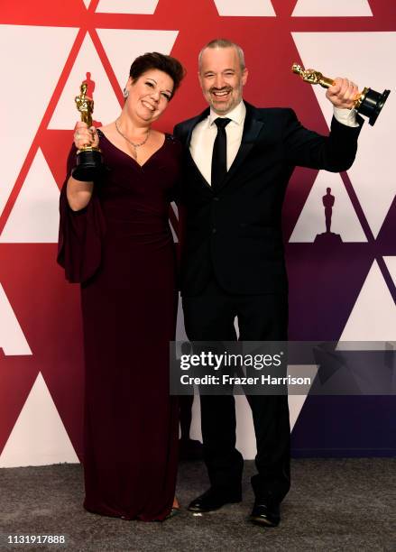 Nina Hartstone and John Warhurst, winners of Best Sound Editing for "Bohemian Rhapsody," pose in the press room during the 91st Annual Academy Awards...