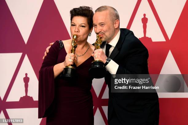 Nina Hartstone and John Warhurst, winners of Best Sound Editing for "Bohemian Rhapsody," pose in the press room during the 91st Annual Academy Awards...