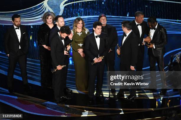 Crew of 'Spider-Man: Into the Spider-Verse' accept the Animated Feature Film award onstage during the 91st Annual Academy Awards at Dolby Theatre on...