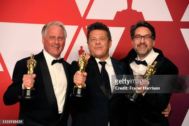 Paul Massey, Tim Cavagin and John Casali, winners of Best Sound Mixing for "Bohemian Rhapsody," pose in the press room during the 91st Annual Academy...