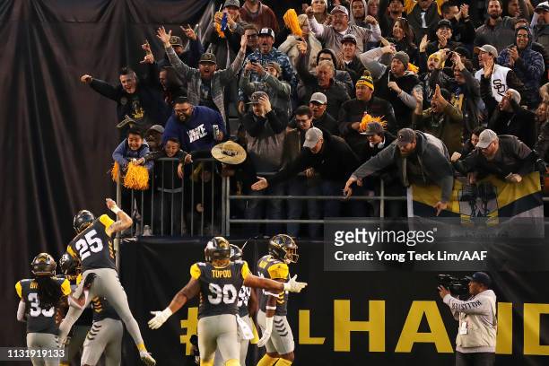 The San Diego Fleet celebrates after scoring a touchdown against the San Antonio Commanders during the first half of an Alliance of American Football...