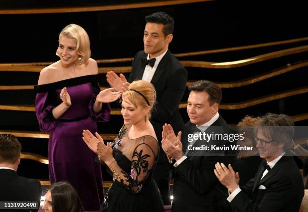 Lucy Boynton, Kelly Tisdale, Rami Malek, Mike Myers, and Dana Carvey attend the 91st Annual Academy Awards at Dolby Theatre on February 24, 2019 in...