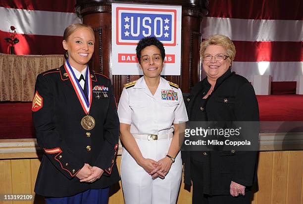 Sergeant Sara Bryant, Honorees Rear Admiral Michelle Howard and President and CEO BAE Systems Inc Linda Parker Hudson attend the USO 45th Annual...