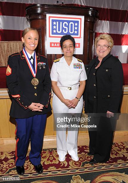 Sergeant Sara Bryant, Honorees Rear Admiral Michelle Howard and President and CEO BAE Systems Inc Linda Parker Hudson attend the USO 45th Annual...