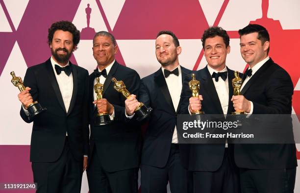 Bob Persichetti, Peter Ramsey, Rodney Rothman, Phil Lord, and Christopher Miller, winners of Best Animated Feature Film for "Spider-Man: Into the...