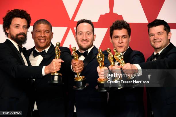 Bob Persichetti, Peter Ramsey, Rodney Rothman, Phil Lord, and Christopher Miller, winners of Best Animated Feature Film for "Spider-Man: Into the...