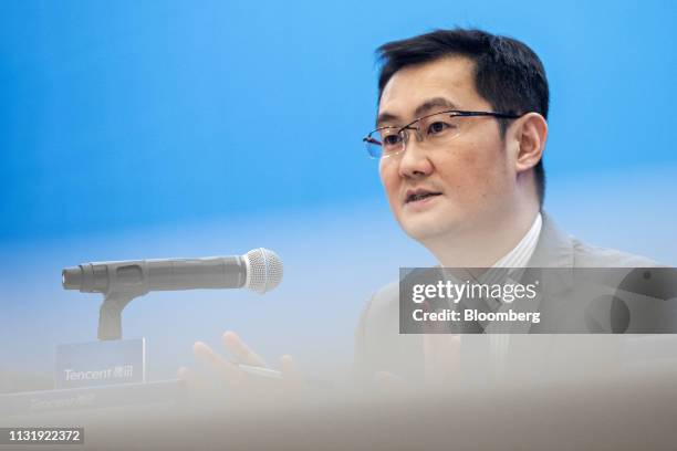 Ma Huateng, chairman and chief executive officer of Tencent Holdings Ltd., speaks during a news conference in Hong Kong, China, on Thursday, March...