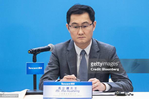 Ma Huateng, chairman and chief executive officer of Tencent Holdings Ltd., attends a news conference in Hong Kong, China, on Thursday, March 21,...