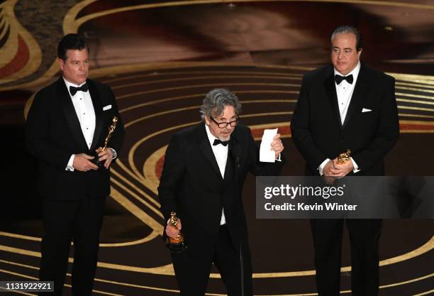 Brian Currie, Peter Farrelly, and Nick Vallelonga accept the Original Screenplay award for 'Green Book' onstage during the 91st Annual Academy Awards...