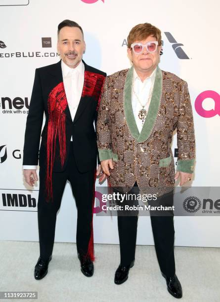 David Furnish and Sir Elton John attend 27th Annual Elton John AIDS Foundation Academy Awards Viewing Party Celebrating EJAF And The 91st Academy...