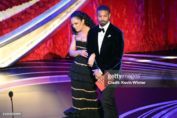Tessa Thompson and Michael B. Jordan walk onstage during the 91st Annual Academy Awards at Dolby Theatre on February 24, 2019 in Hollywood,...