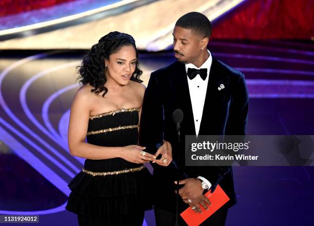 Tessa Thompson and Michael B. Jordan speak onstage during the 91st Annual Academy Awards at Dolby Theatre on February 24, 2019 in Hollywood,...