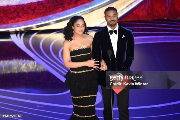 Tessa Thompson and Michael B. Jordan speak onstage during the 91st Annual Academy Awards at Dolby Theatre on February 24, 2019 in Hollywood,...